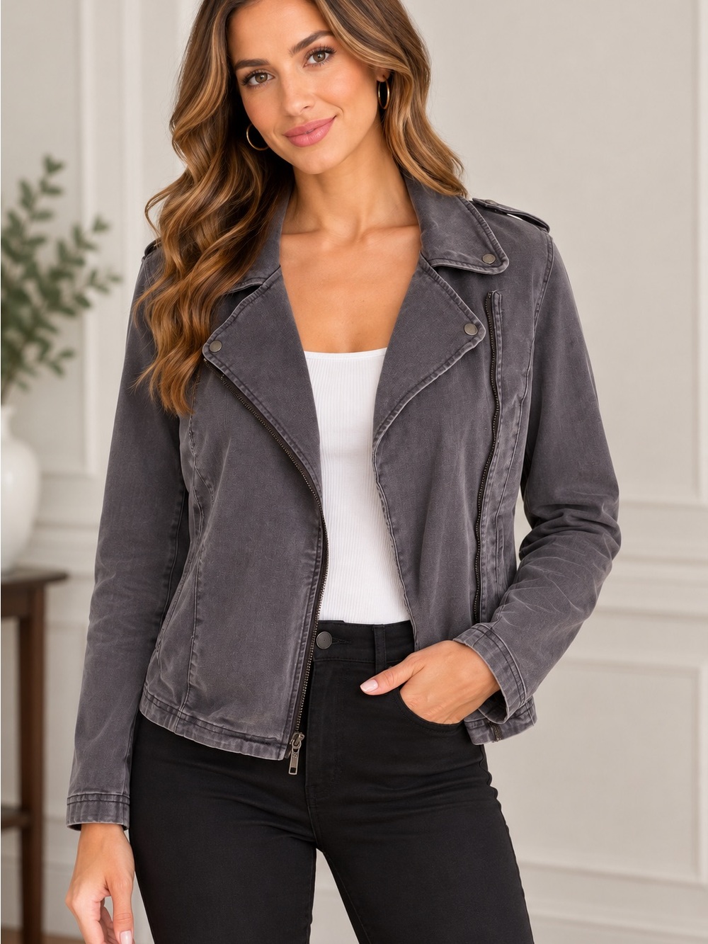 White House Black Market Washed Gray Moto Jacket